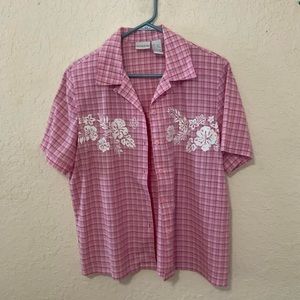 Floral Sequin Pink Checkered Button Down